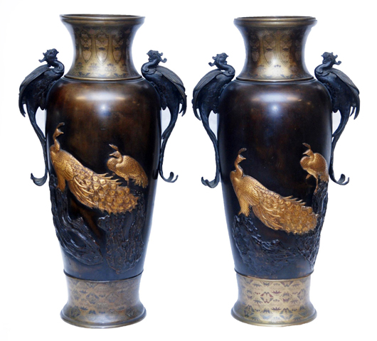 Extraordinary pair of 19th century Japanese bronze and mixed metal vases, each one 30 inches tall. Price realized: $8,772. Elite Decorative Arts image.